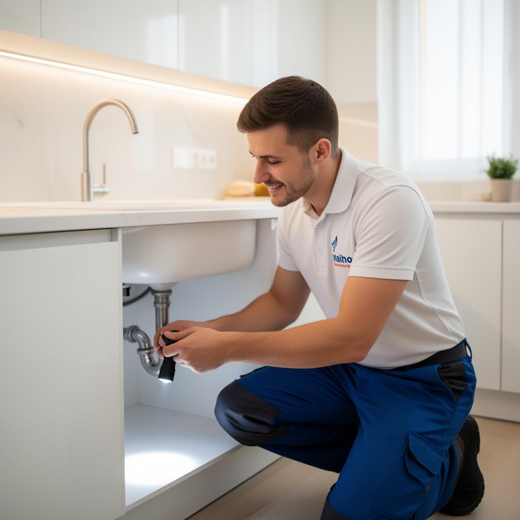 Instalator PureH2O verifică conexiunea de sub chiuvetă